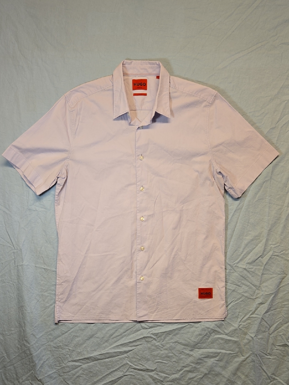 Hugo Boss Pale Purple Spellout Logo Short Sleeve Button Down Casual Dress Shirt